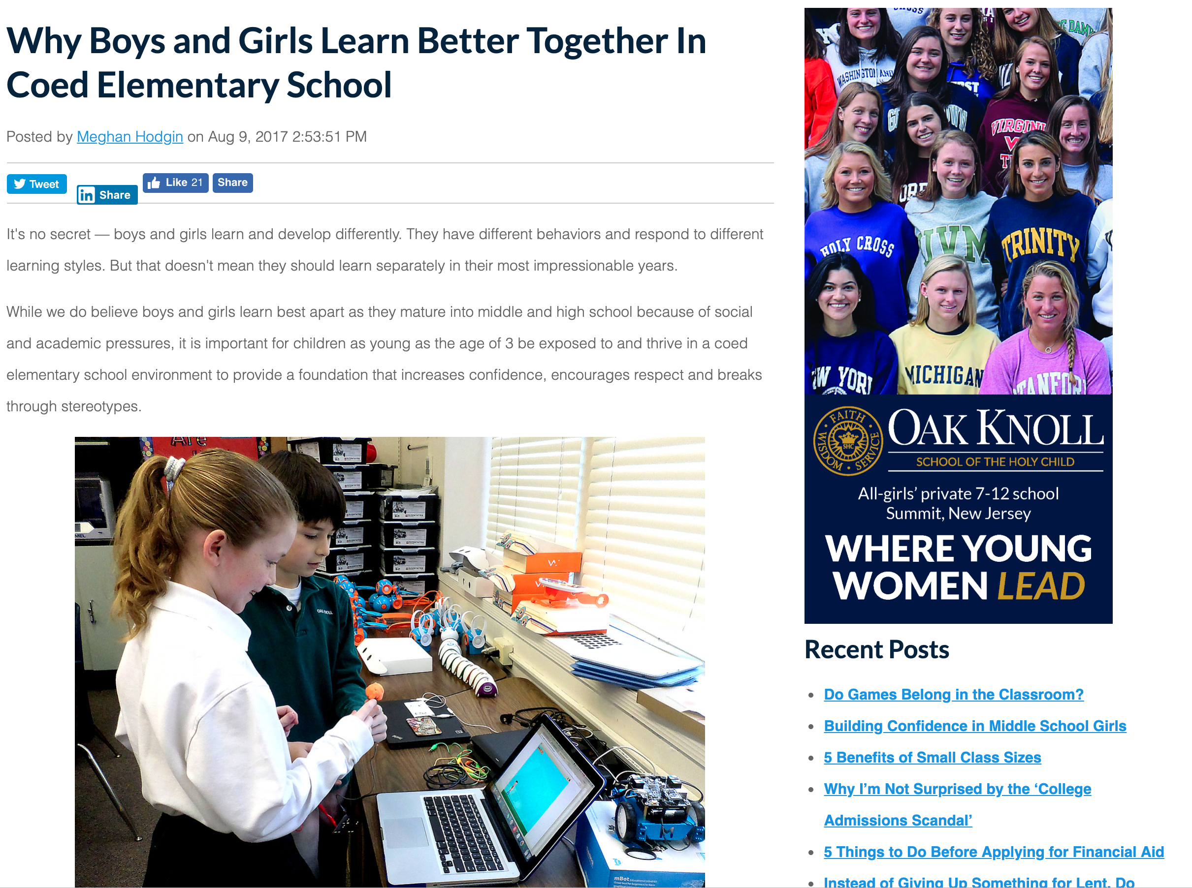 Why Boys and Girls Learn Better Together in Coed Elementary School - Oak Knoll School of the Holy Child